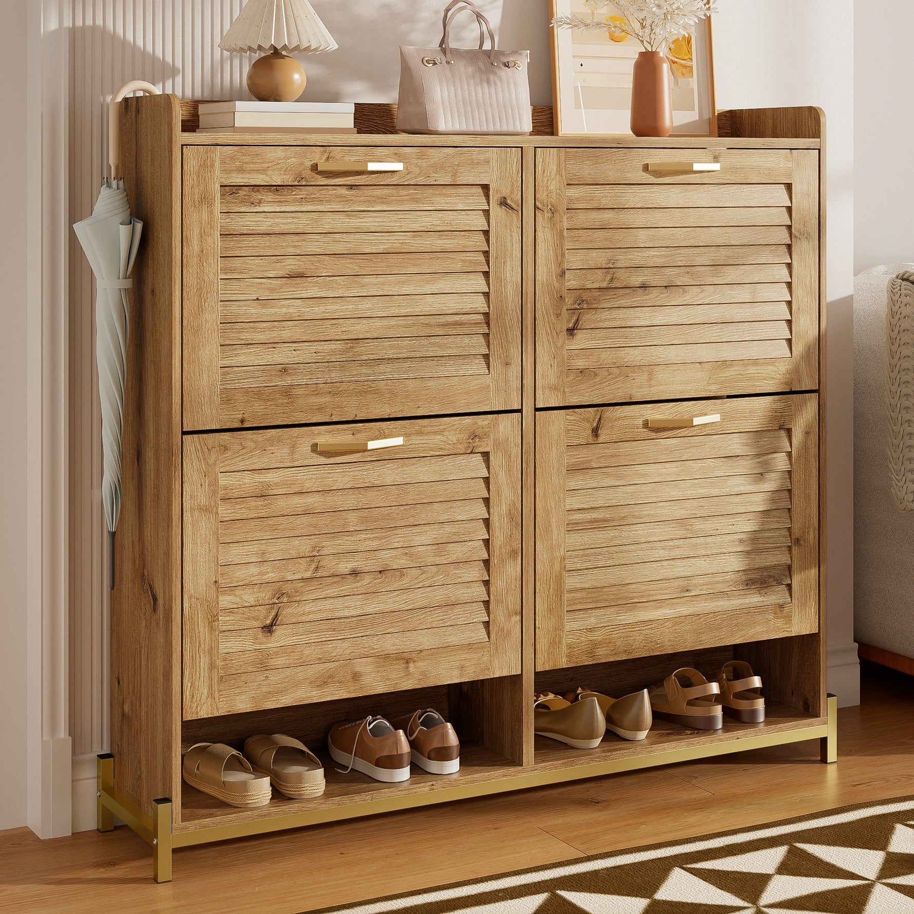 Shoe Cabinet Modern 4 Door Wooden Slat Metal Frame - 108.5x24x100cm
