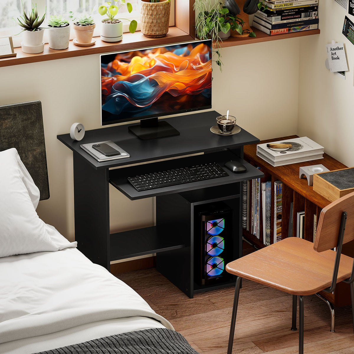 Computer Desk with Open Compartments, Shelves, PC Table, Black