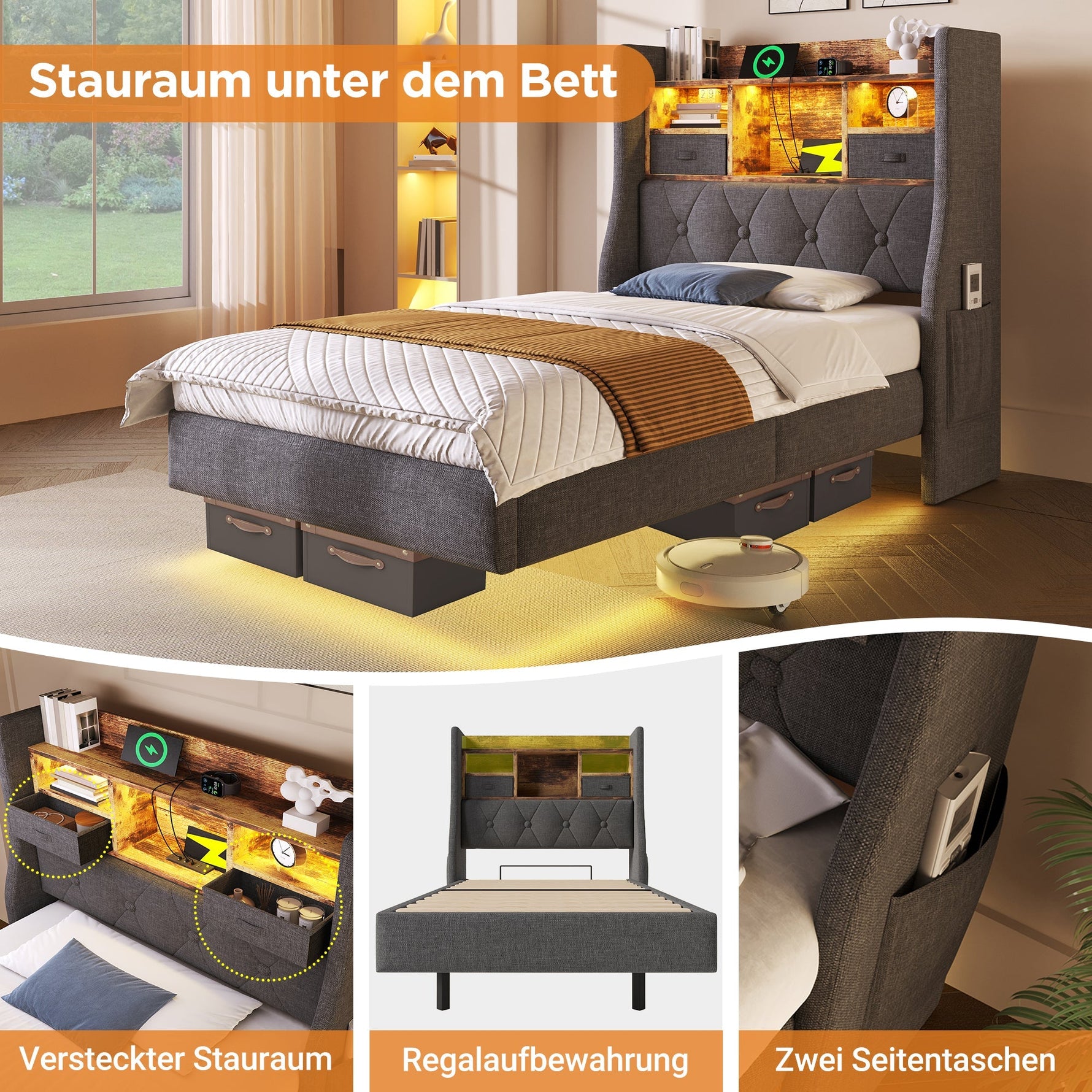 Upholstered Single Bed 90x200cm Floating Design LED Charging Station Storage, Linen Grey