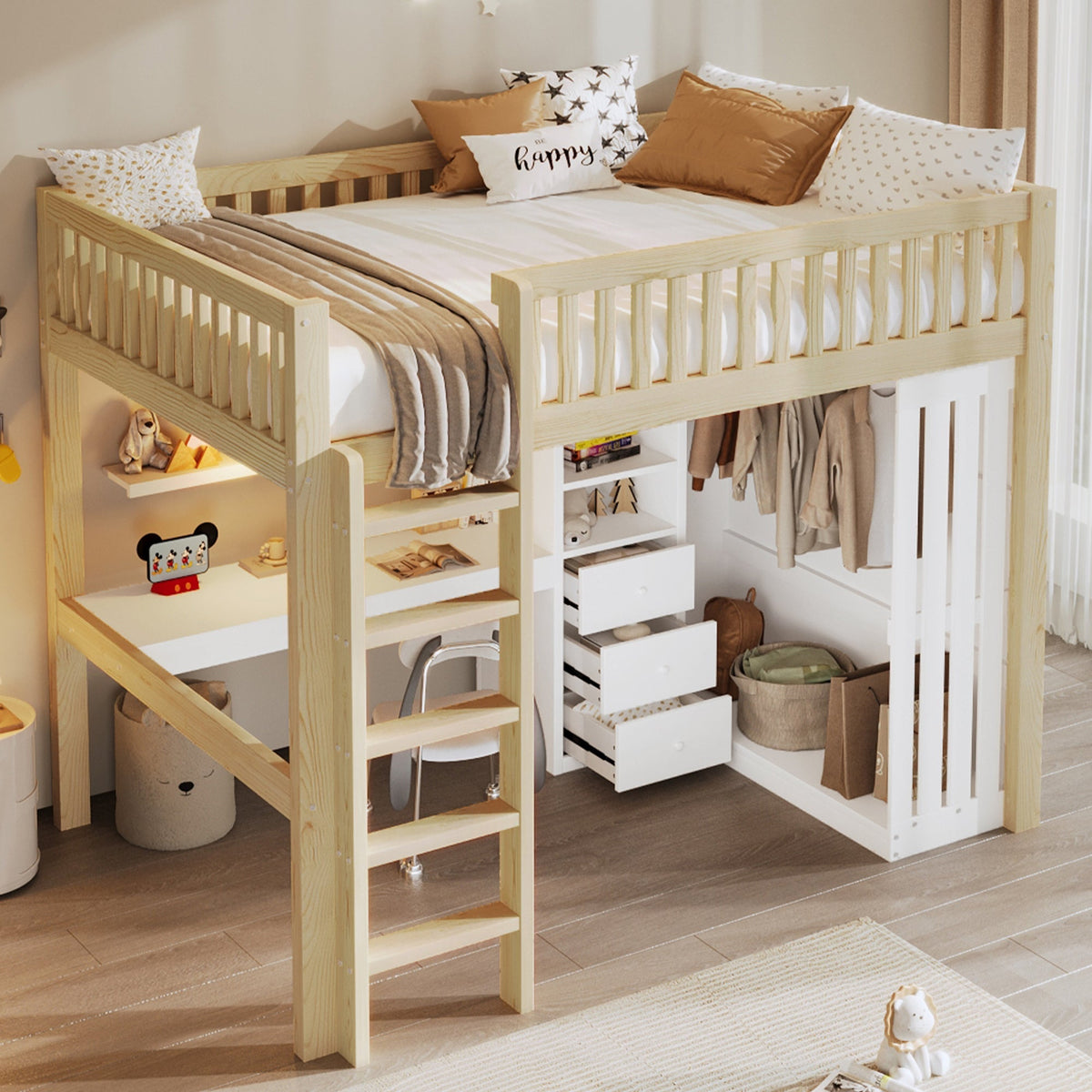 Loft Bed with Desk, Wardrobe and 3 Drawers, Natural