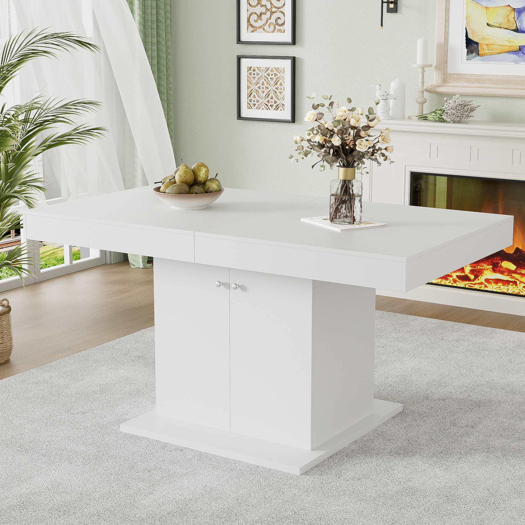 Extendable Dining Table with Storage and Automatic Telescopic Function, White