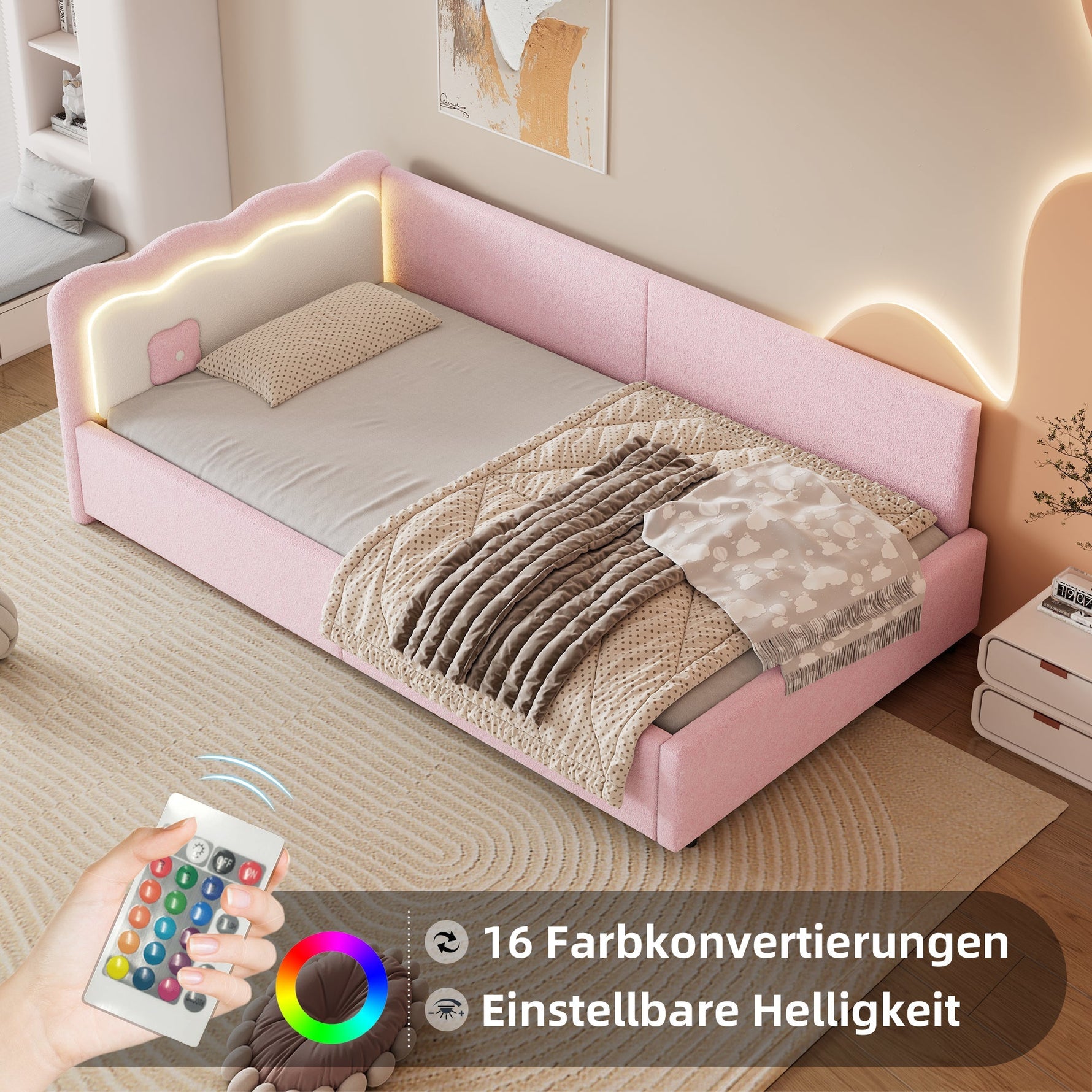 Daybed Sofa Bed with LED Ambient Light and Slatted Base, Pink Imitation Fleece