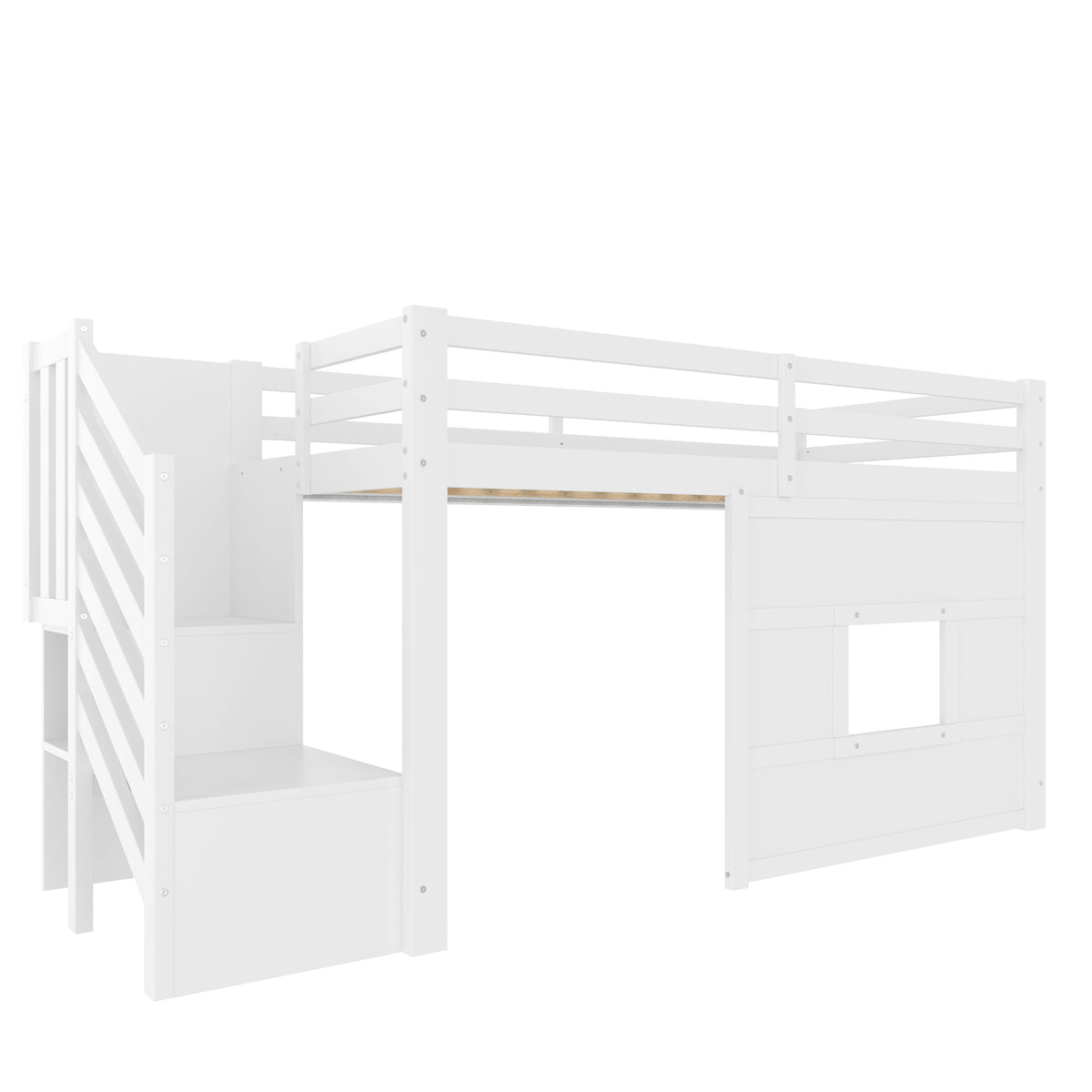 Loft Bed 90x200cm with Storage Stairs & Window, White