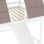 Wooden House Bunk Bed with Roof, Ladder and Slide, 140 x 200, White and Brown