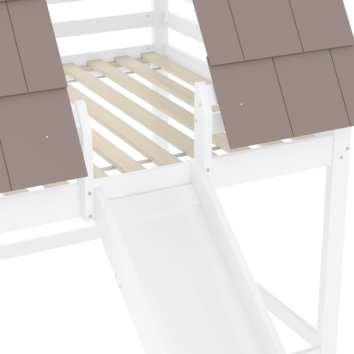 Wooden House Bunk Bed with Roof, Ladder and Slide, 140 x 200, White and Brown