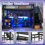 Loft Bed with Desk, Storage Staircase and LED Lights, Black Iron Frame