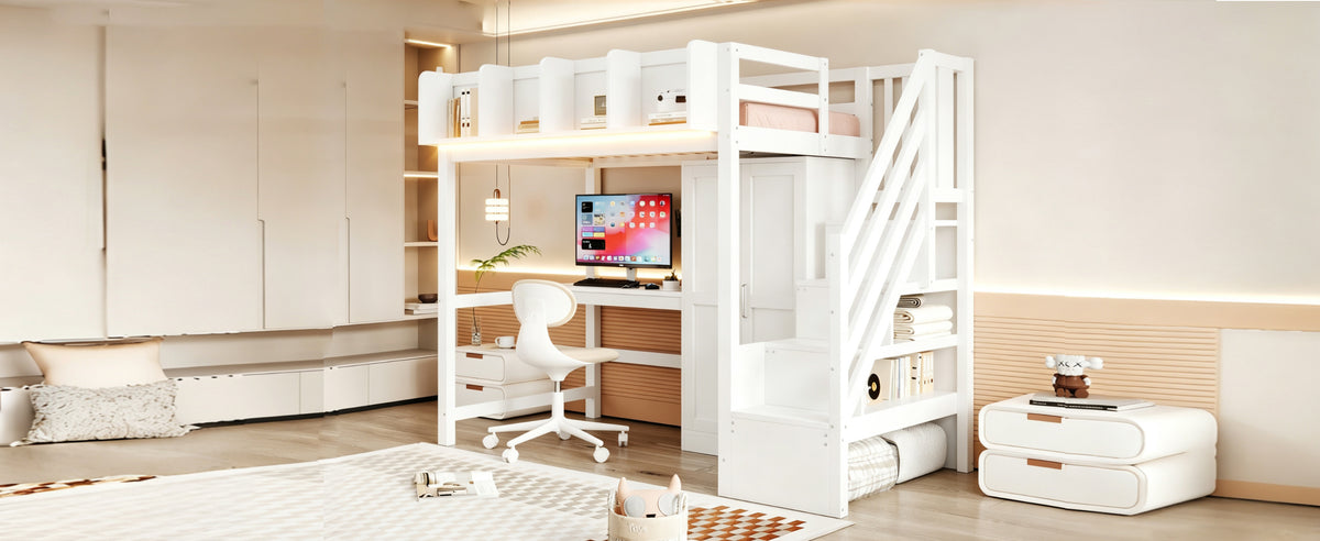 Multifunctional Loft Bed 90x200cm with Desk & Wardrobe, White
