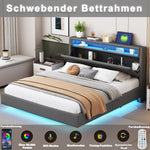 Upholstered Bed with USB Port, LED Lights, Storage Headboard (160x200cm) - Gray Linen