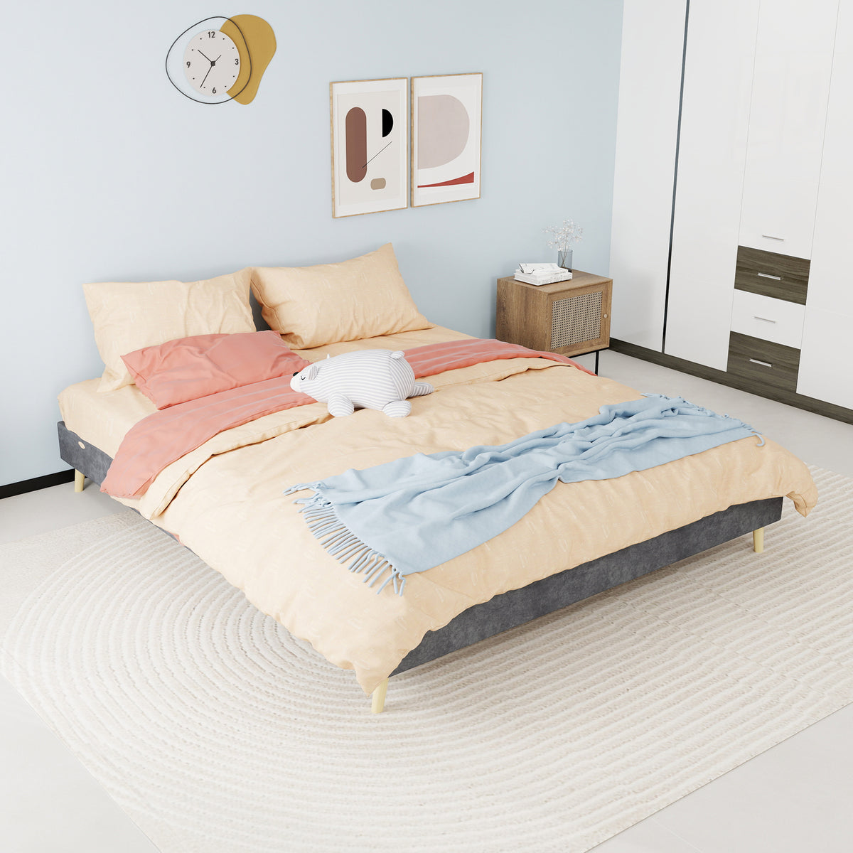 Modern Minimalist Bed Frame 160x200cm with Mattress Gray Dutch Velvet