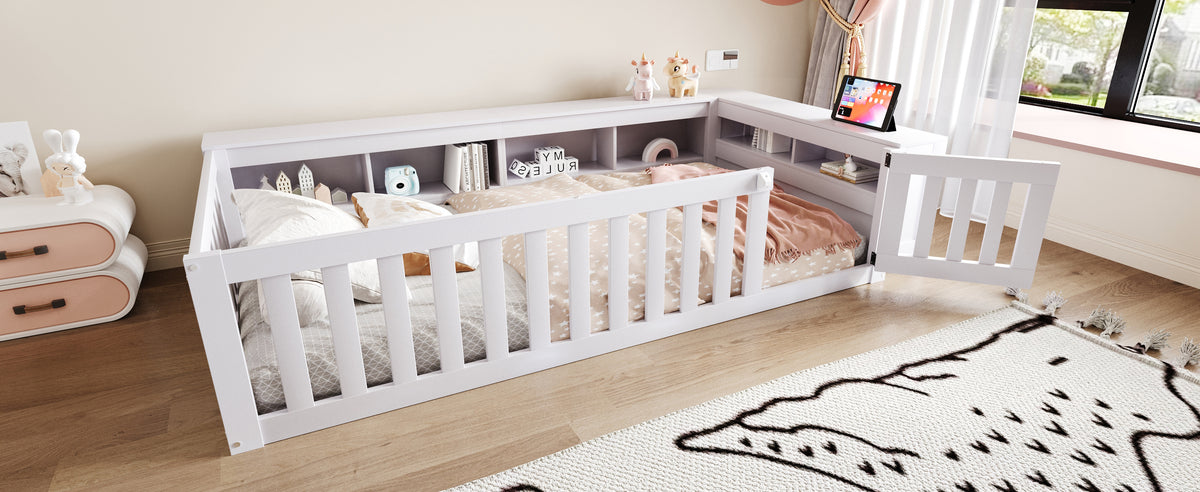 Kids Bed 90x200cm with Storage & Safety Rail, Solid Wood White