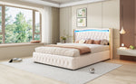Upholstered Bed 160x200cm, LED Lighting, Hydraulic Storage, Velvet Fabric Beige
