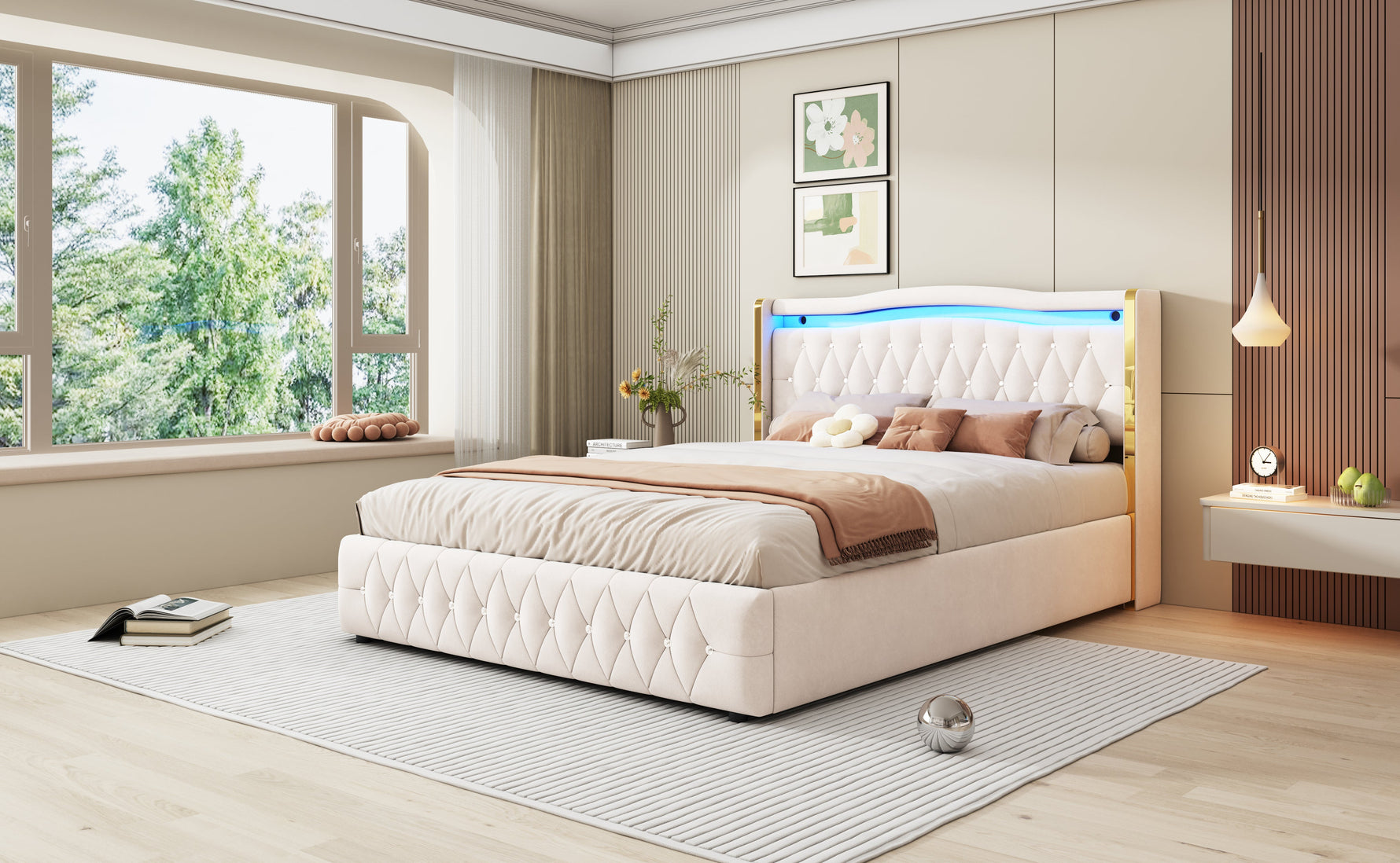 Upholstered Bed 160x200cm, LED Lighting, Hydraulic Storage, Velvet Fabric Beige