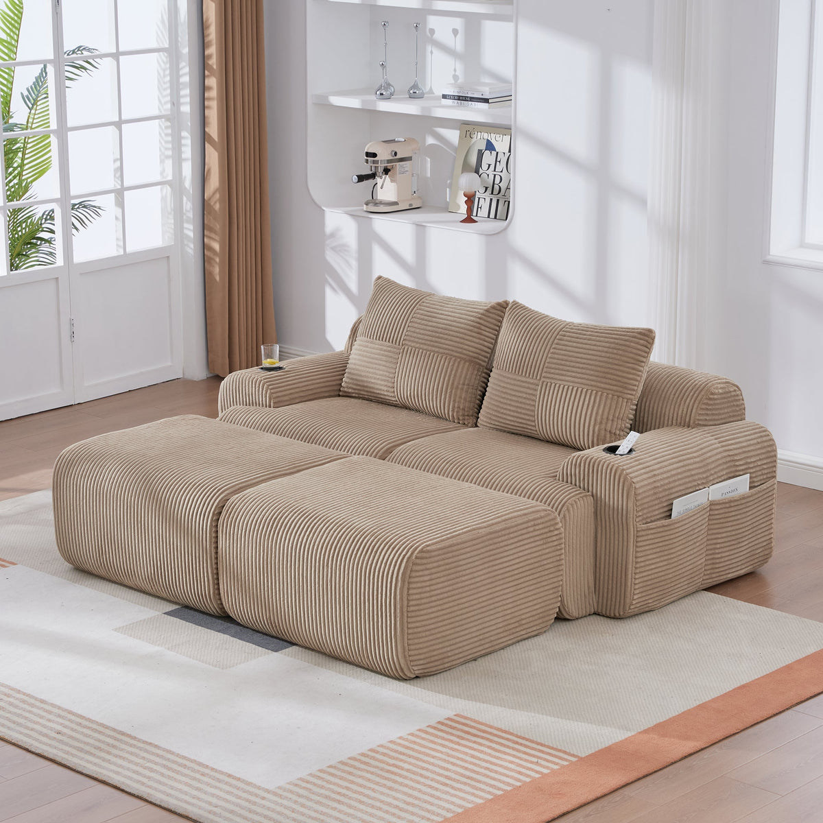 Modular Sofa 2-Person 2 Ottomans Cup Holder Storage Corduroy Khaki