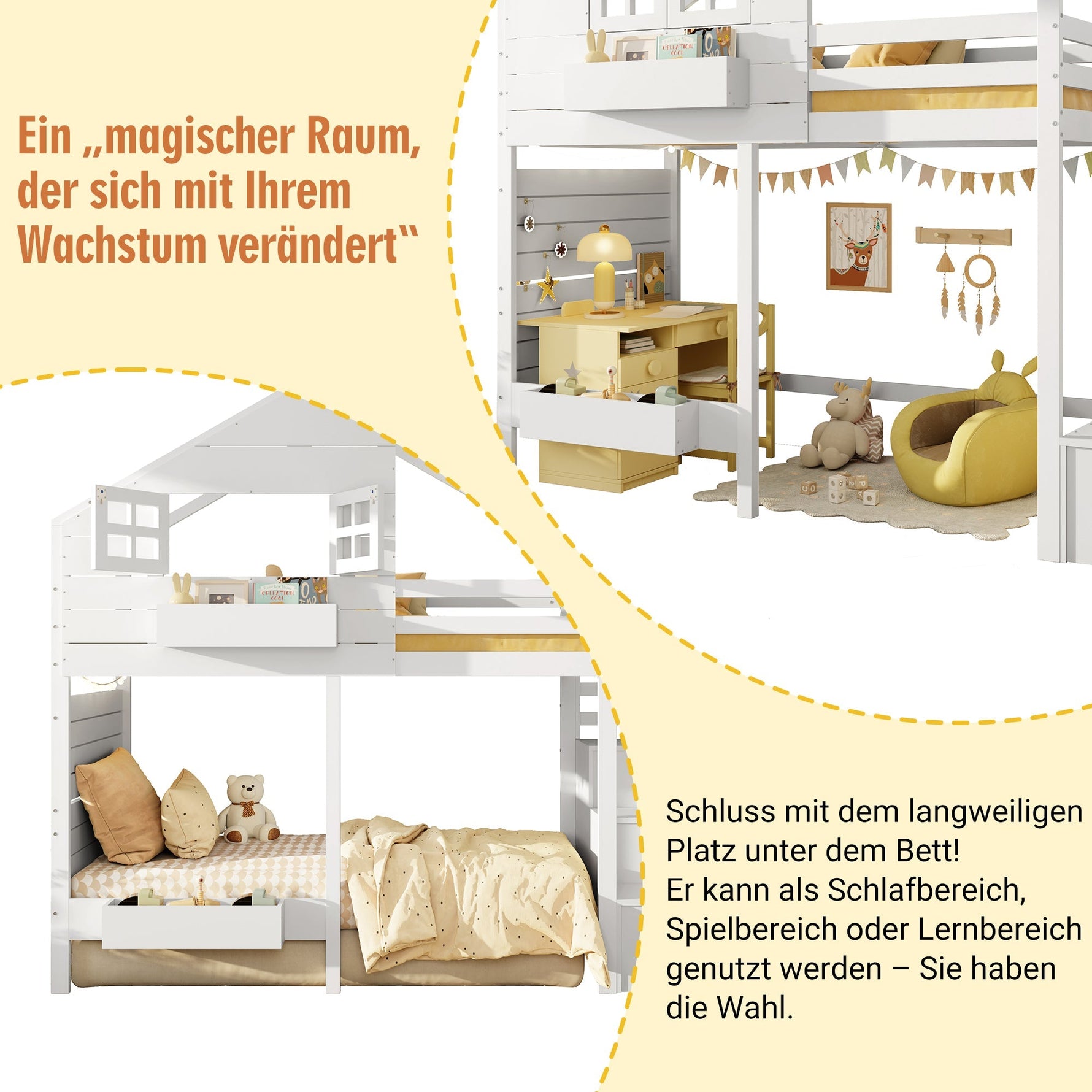 Bunk Bed with Storage Stairs and Fall Protection, 90x200cm, White Solid Wood