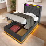 Upholstered Single Bed, 360-Degree LED, Hydraulic Storage, USB Type-C, Gray Linen
