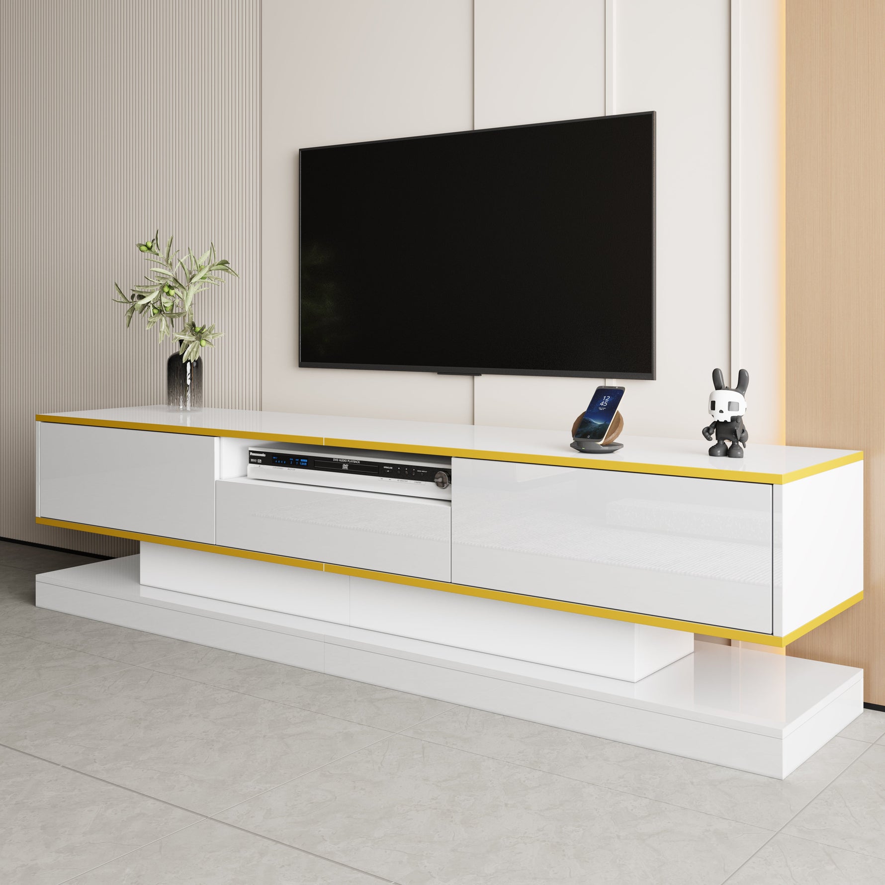 Modern TV Cabinet, 3 Drawers Open Compartment LED Lights 180x38x45cm, High Gloss
