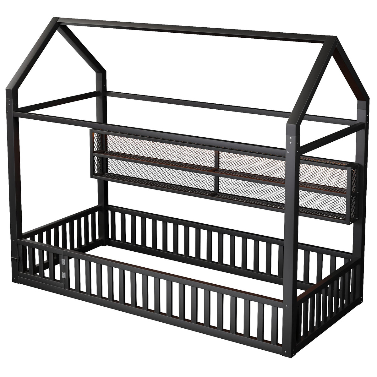 House-shaped Platform Bed 90x200 with Fence LED Lighting Black