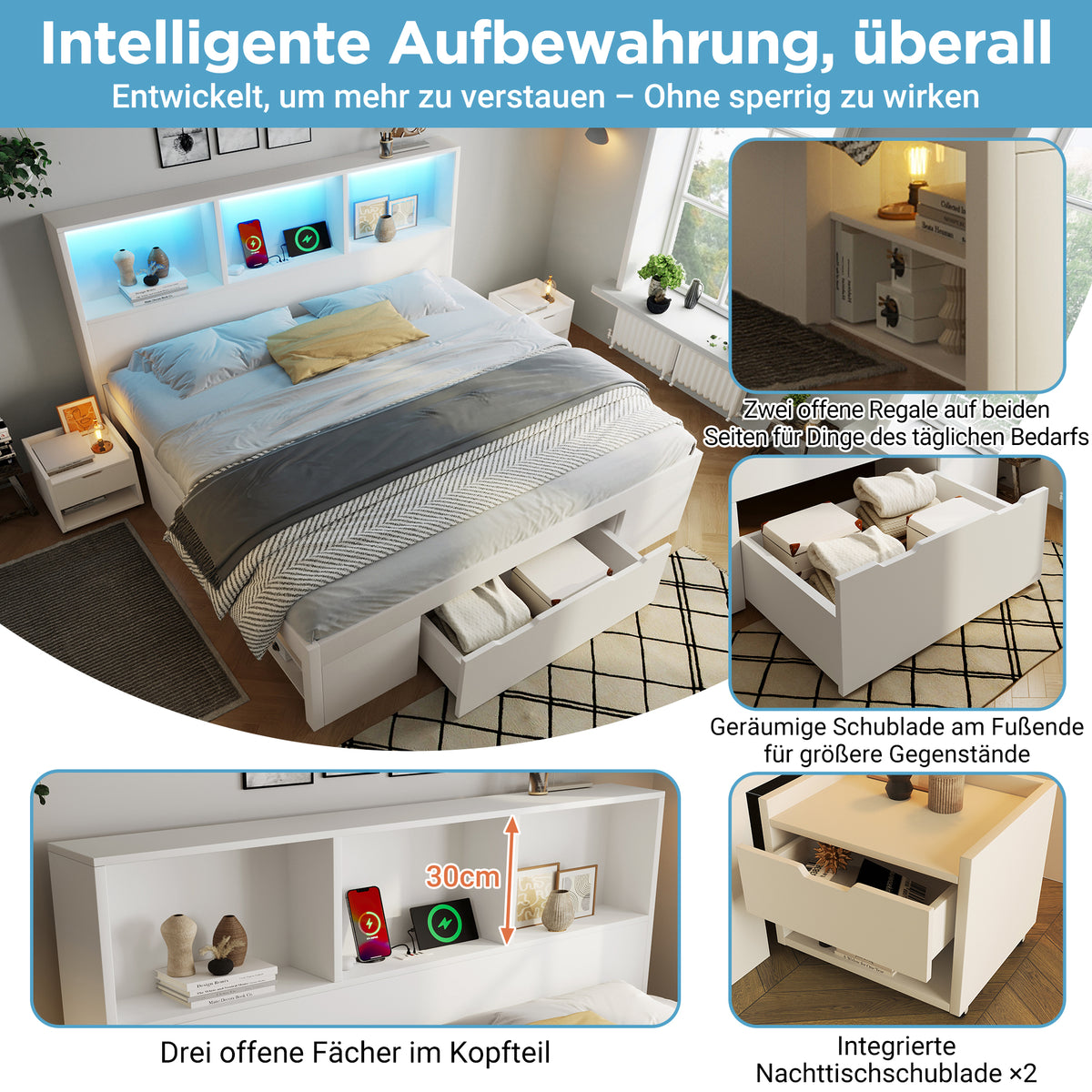 Double Bed 140x190cm with Storage, LED & USB, White Wood