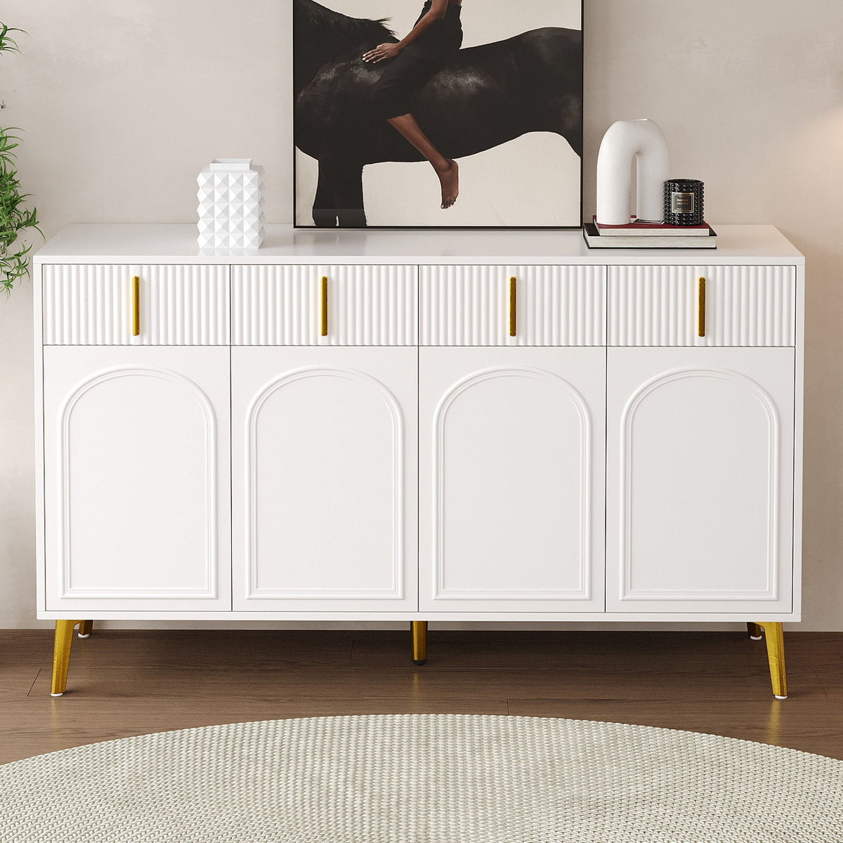 Sideboard, 4 Doors 4 Drawers, Gold Handles Legs, White MDF