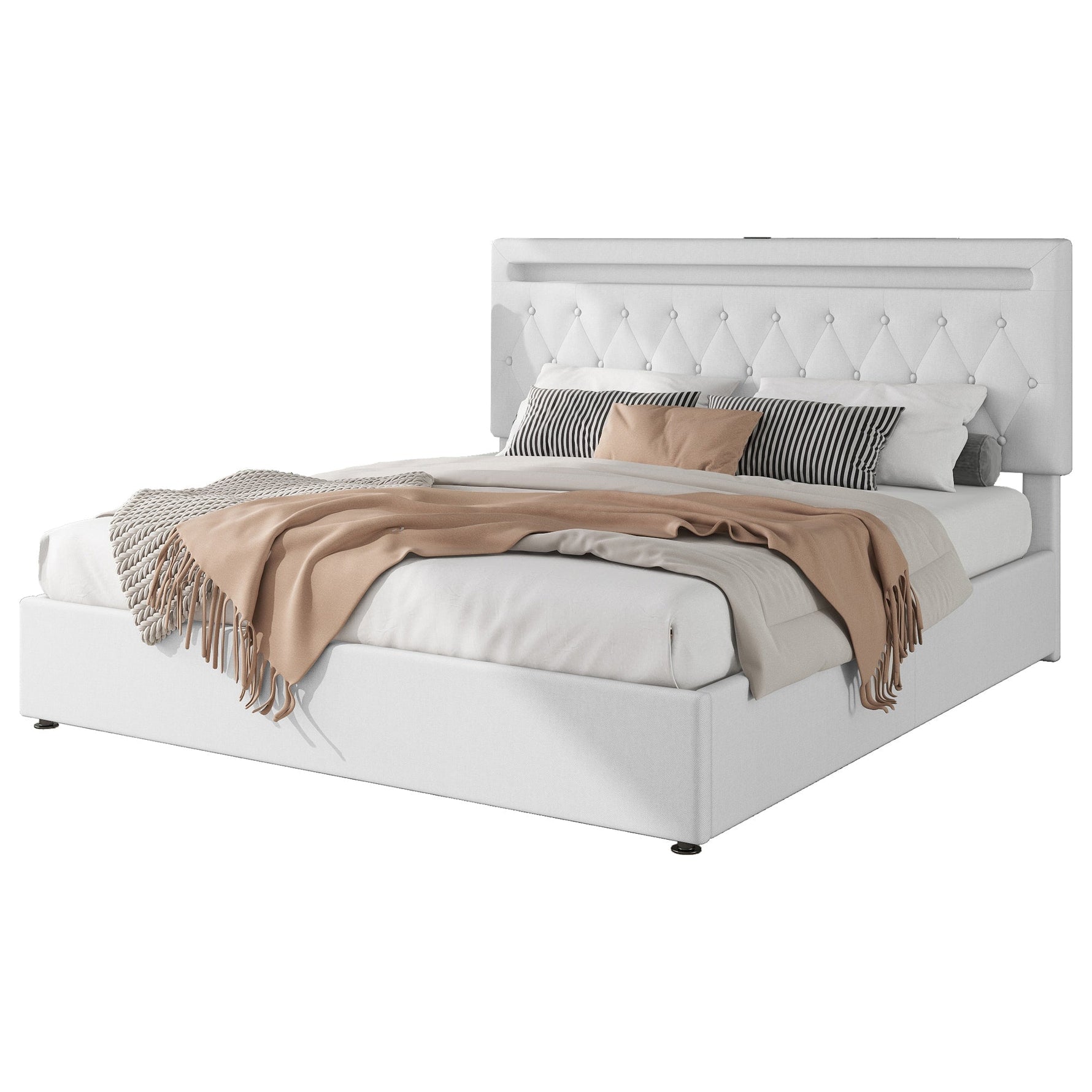 Upholstered Bed 180x200cm Hydraulic Storage LED USB - White