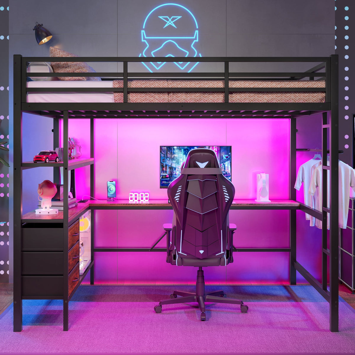 Loft Bed 140x200cm with LED Desk USB Port 3 Drawers Stairs - Black
