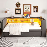 Upholstered Bed Extendable Sofa Bed 90/180*190cm, LED Lights & Storage, Dark Grey