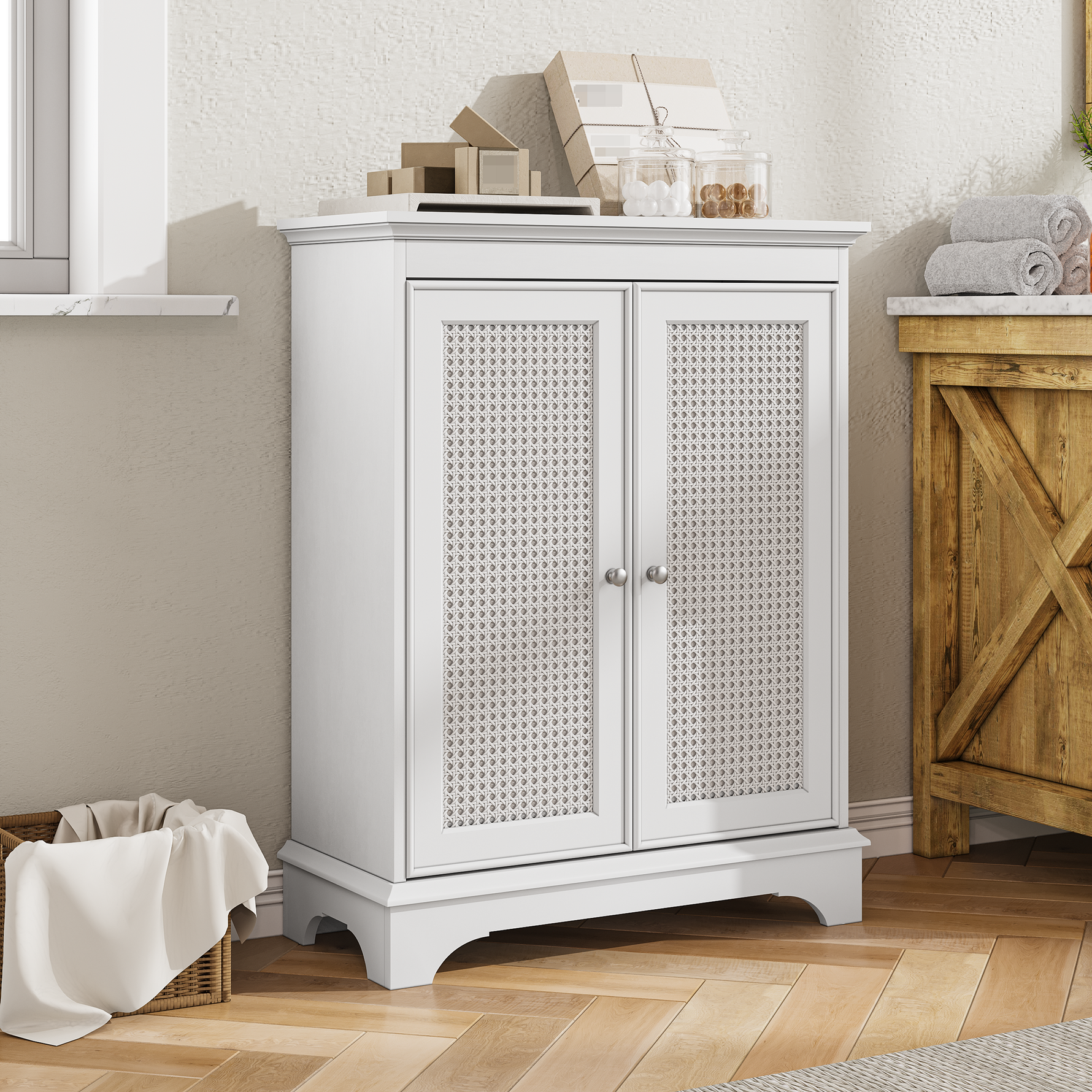 Bathroom Cabinet, Floor-Standing with Basket Door & Adjustable Shelf, White