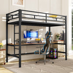 Loft Bed with Desk, USB, Power Outlets and App-Controlled LED Lights, 90x200cm, Black Metal