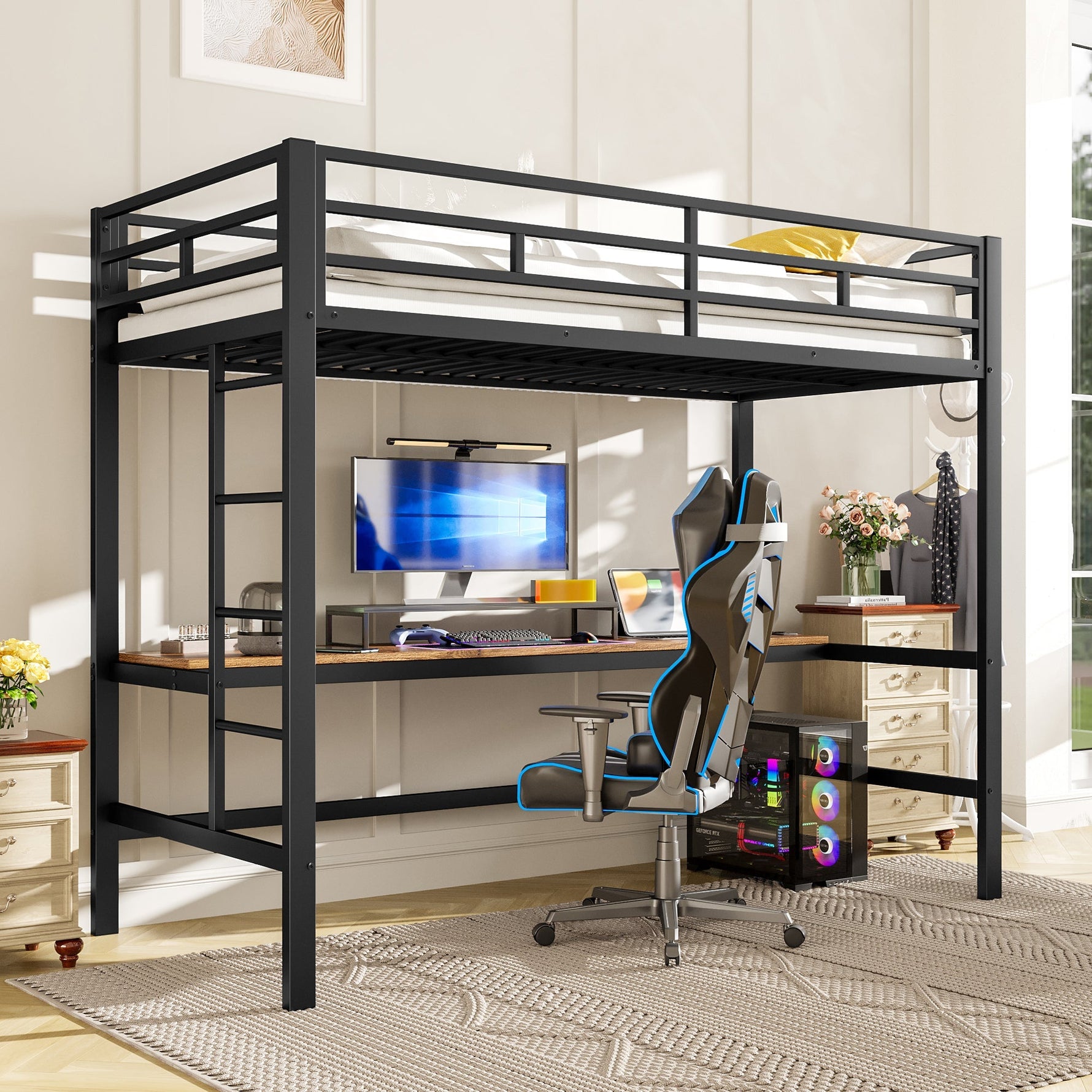 Loft Bed with Desk, USB, Power Outlets and App-Controlled LED Lights, 90x200cm, Black Metal