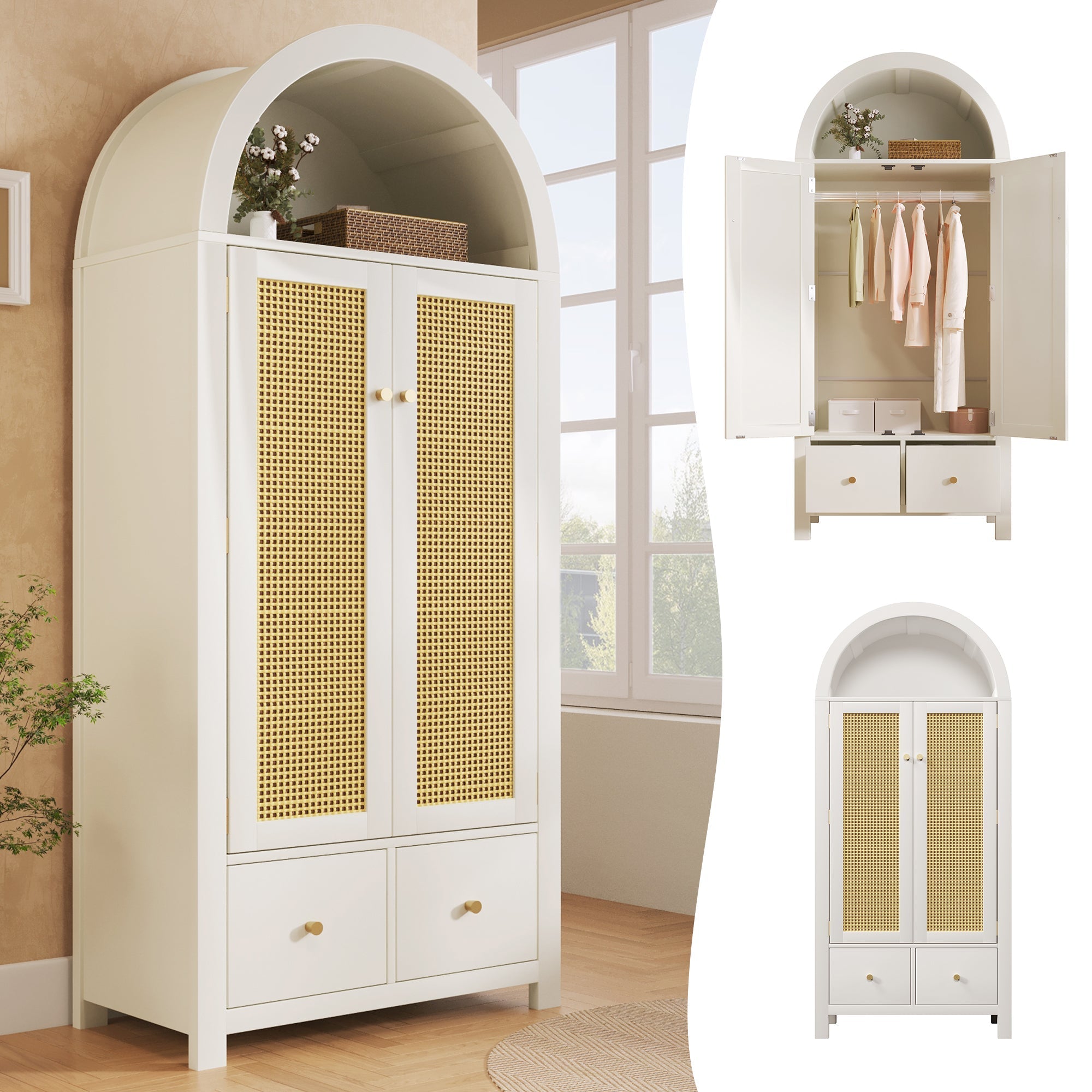 Wardrobe with Rattan Weave and 2 Doors, 181x78x45cm, White Wood
