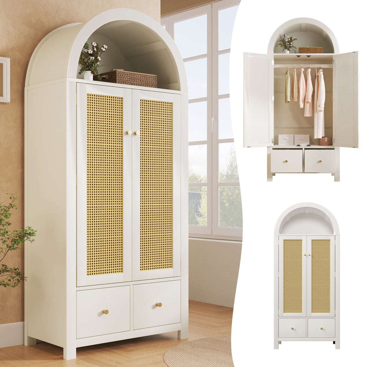 Wardrobe with Rattan Weave and 2 Doors, 181x78x45cm, White Wood