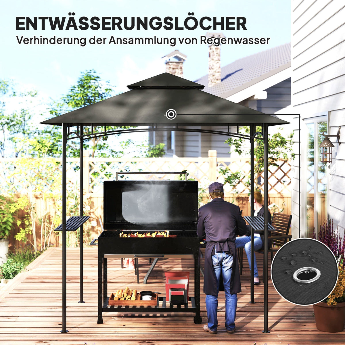 Grill Pavilion LED Lighting, 240x150x258cm, Water-Repellent, Double-Layered Roof, Side Shelves, Dark Grey