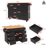 Kitchen Island Extendable Mobile Worktop 8 Drawers Spice Rack - Black
