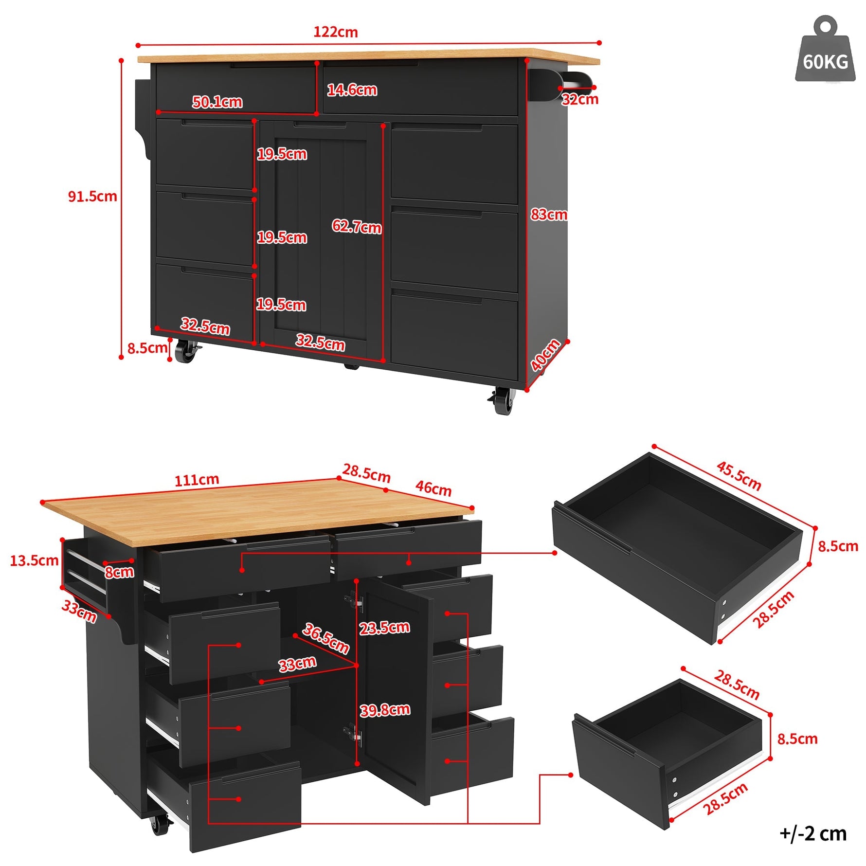 Kitchen Island Extendable Mobile Worktop 8 Drawers Spice Rack - Black
