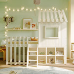 Children's House Bed 90x200, Roof & Window, Ladder, Solid Wood White