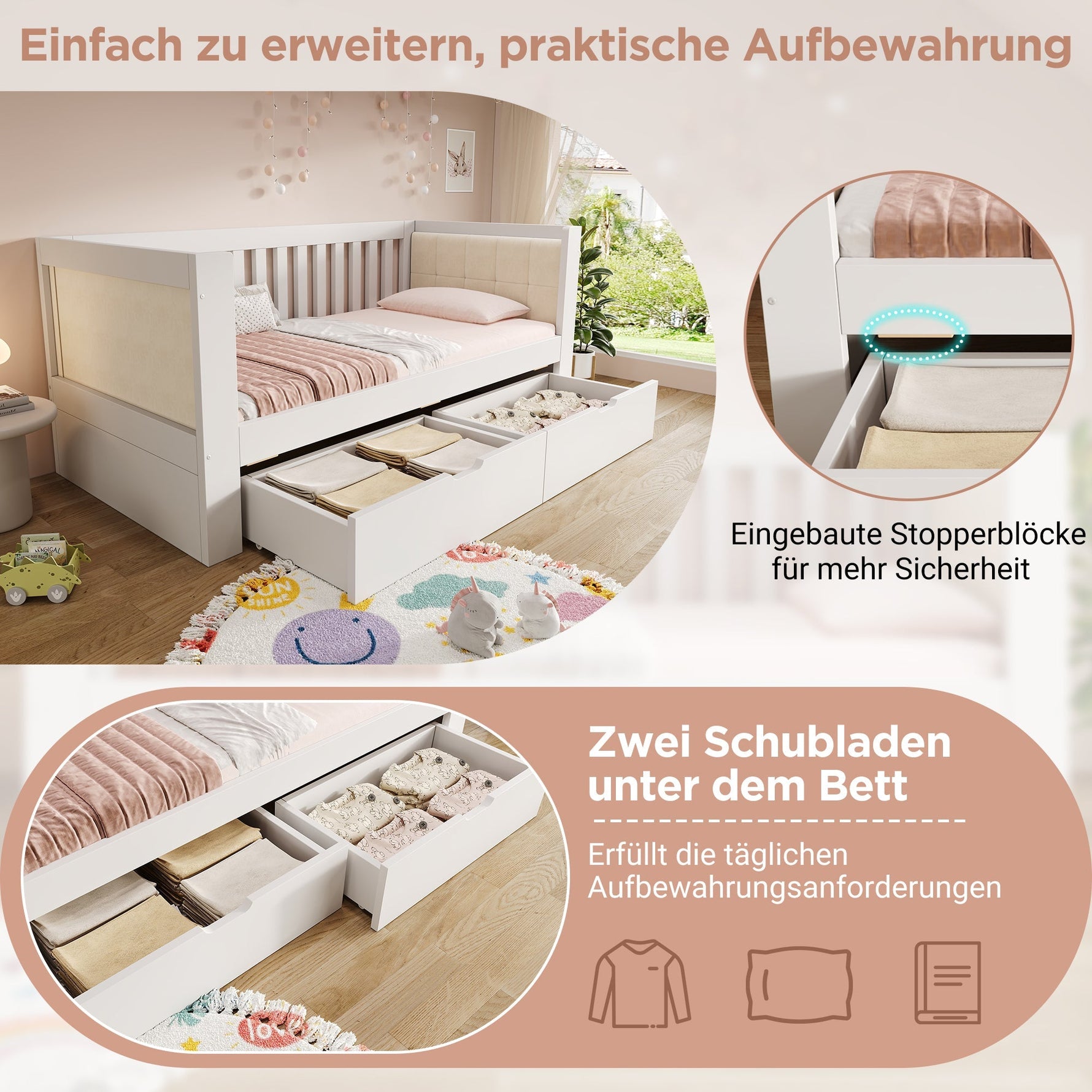 Sofa Bed with 2 Drawers and Rounded Armrests, 90x190cm, White Wood
