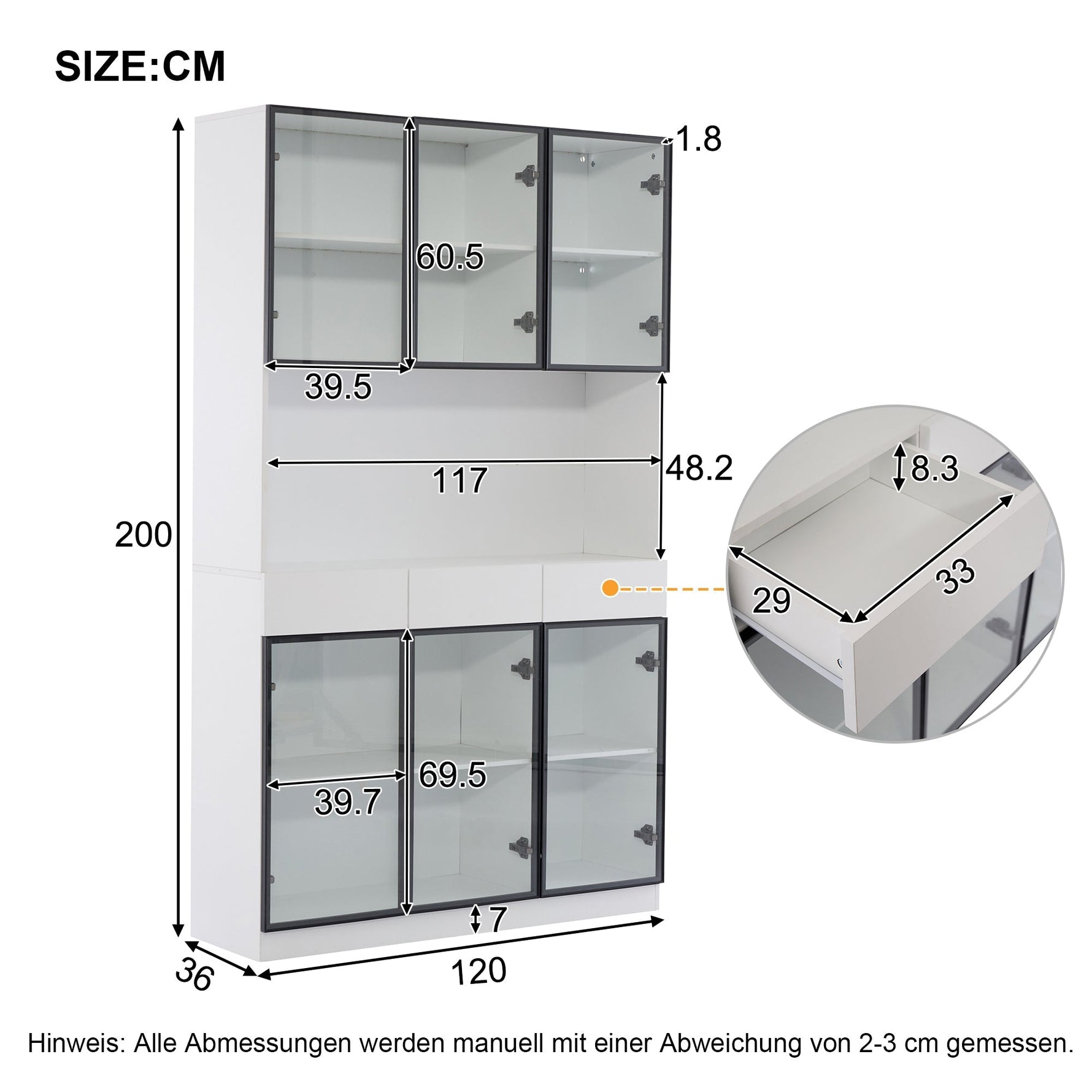 White Display Cabinet with LED Lights and Glass Doors, 200cm High, White and Black Frame