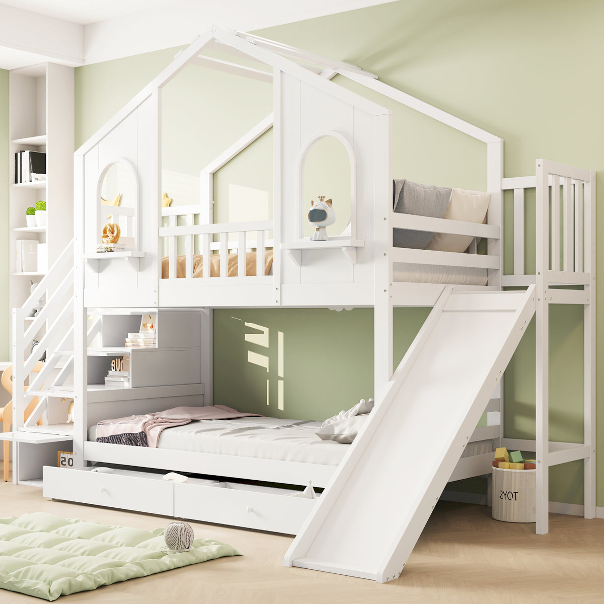 Children's Bunk Bed 90x200 House Shape with Ladder & Slide, White