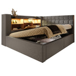 Upholstered Double Bed with LED, Hydraulic Storage and L-Shaped Headboard, 140x190cm, Grey Linen Fabric