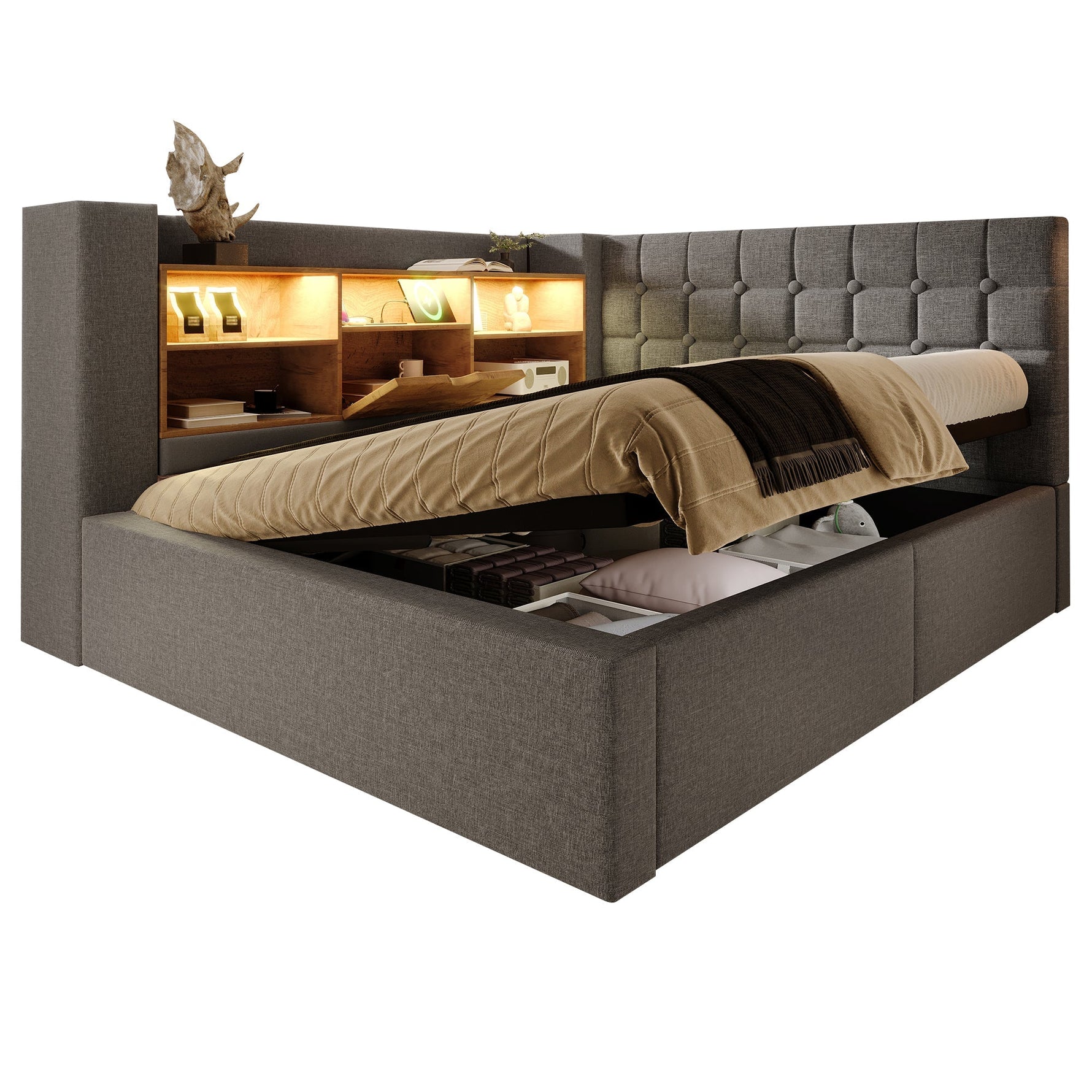 Upholstered Double Bed with LED, Hydraulic Storage and L-Shaped Headboard, 140x190cm, Grey Linen Fabric