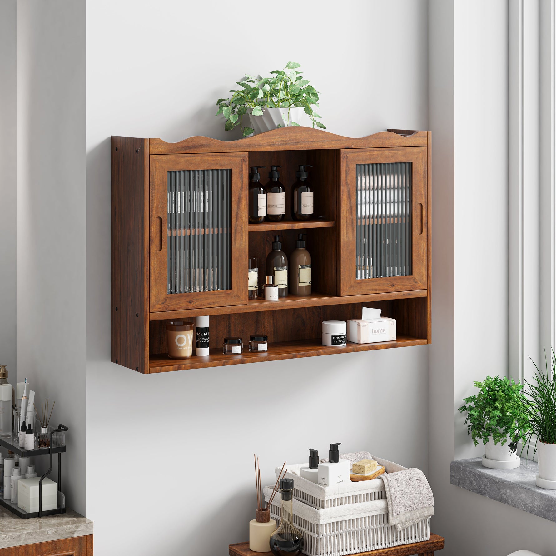 Retro Sliding Cabinet 90CM 2 Door 3-Layer Storage for Bathroom Kitchen Dining, Brown