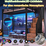 Loft Bed 90x200cm with Wardrobe & LED Lights, Black Iron Frame