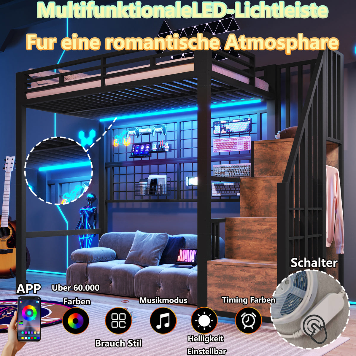Loft Bed 90x200cm with Wardrobe & LED Lights, Black Iron Frame
