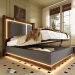 Youth Upholstered Bed 90x200 with LED & Storage, Grey Linen & Walnut