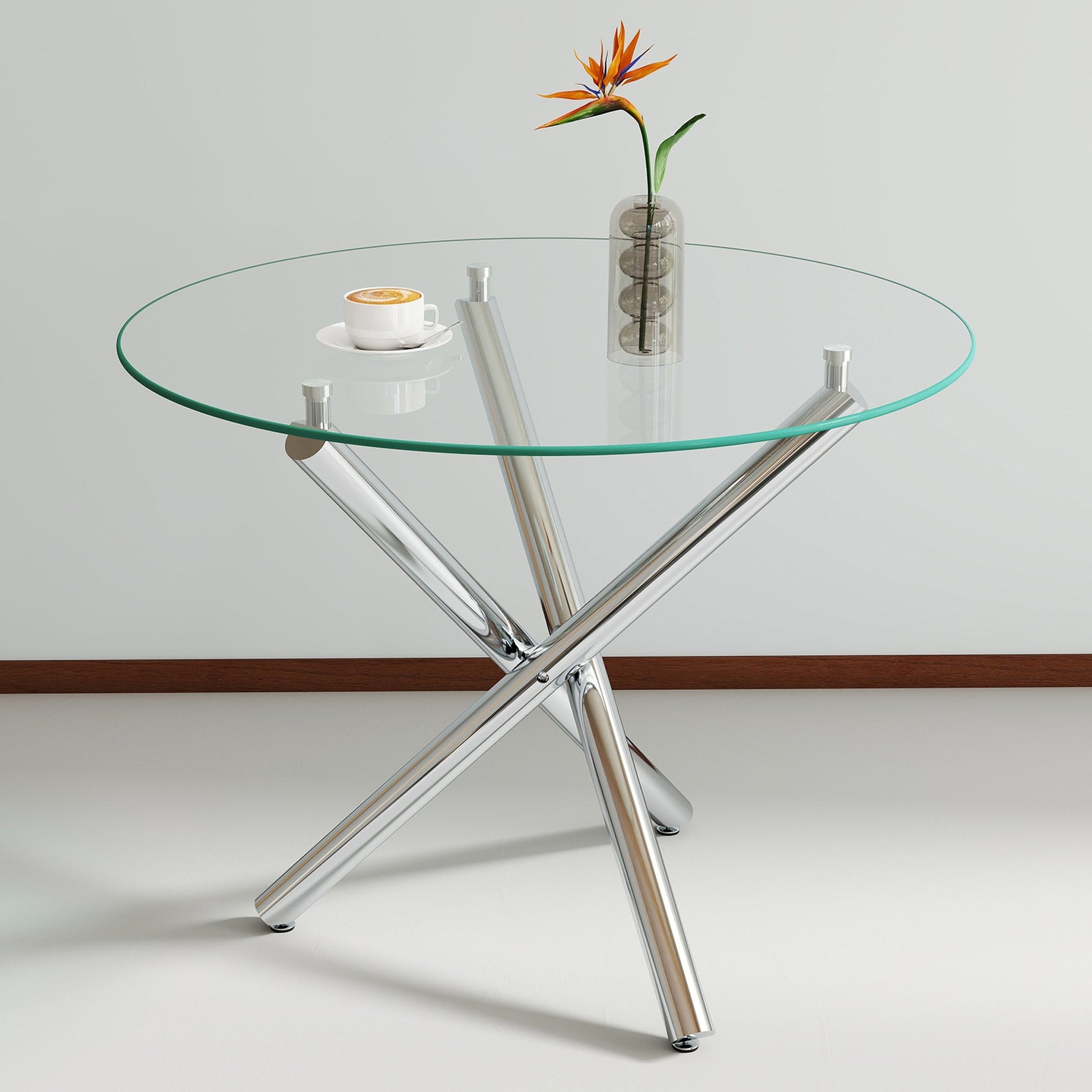 Round Dining Table 80x80x76cm Tempered Glass Metal Legs
