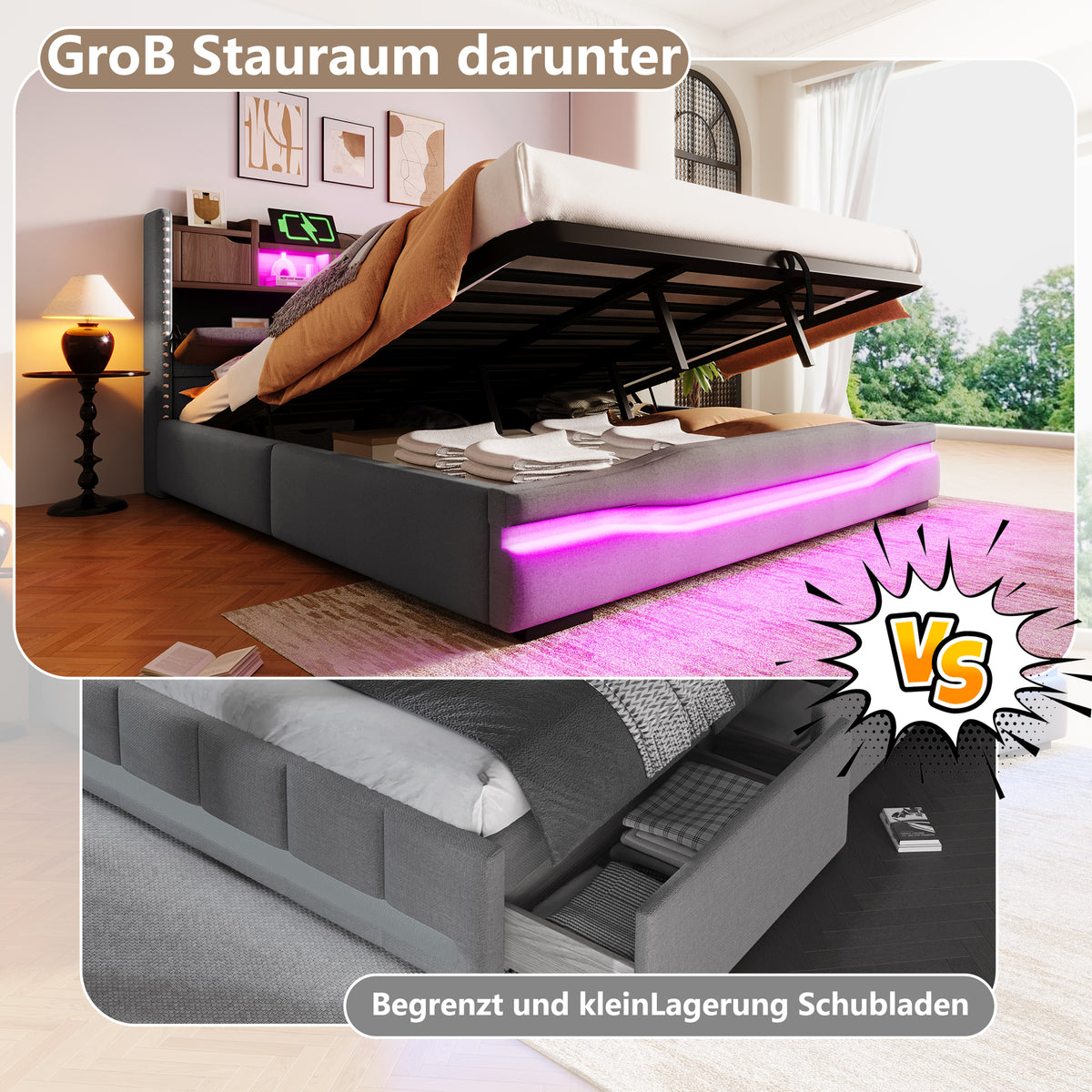 Upholstered Bed 180x200cm with Hydraulic Storage & LED, Grey