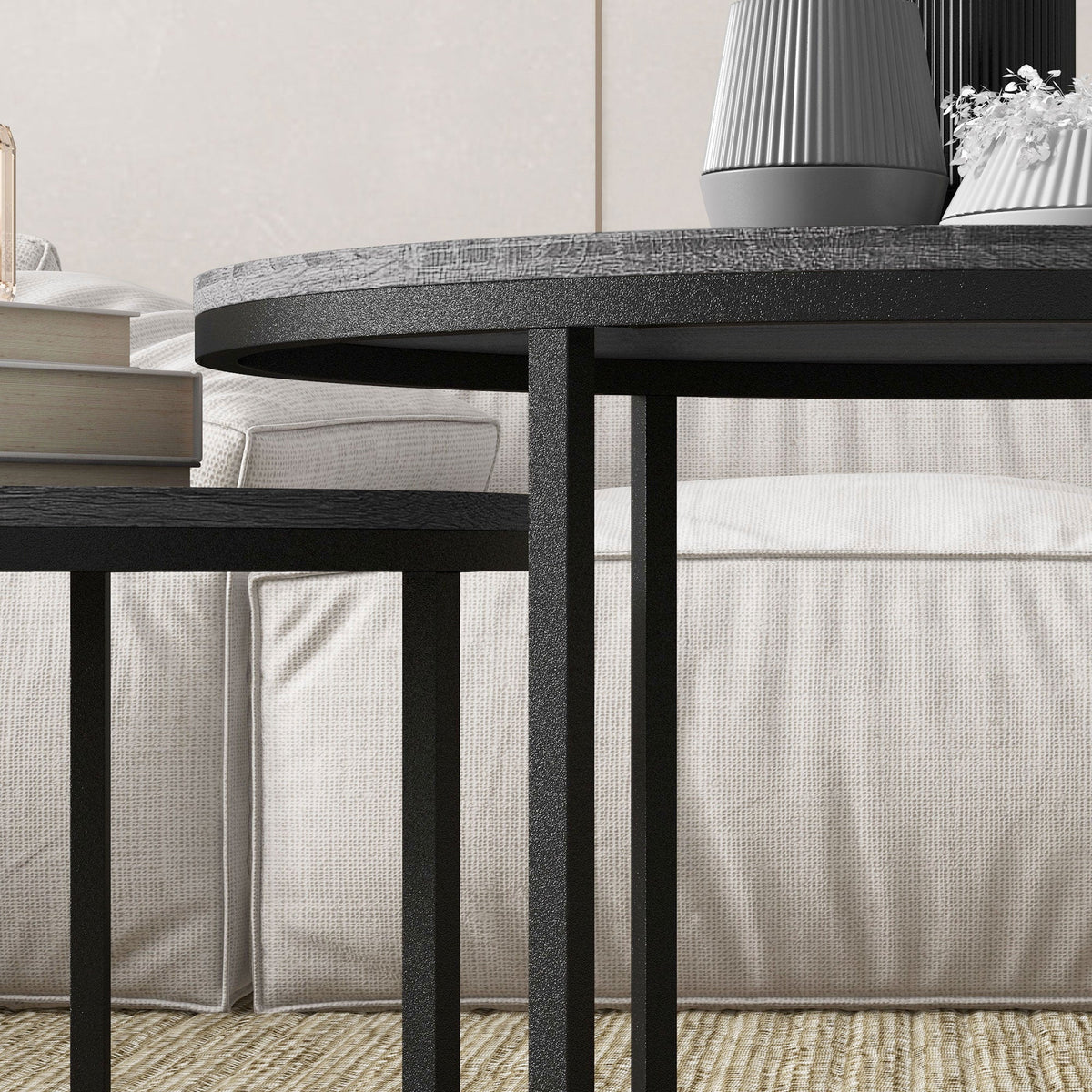 Round Coffee Table, Set of 2 Stackable Side Tables, Wood Look & Metal, Black