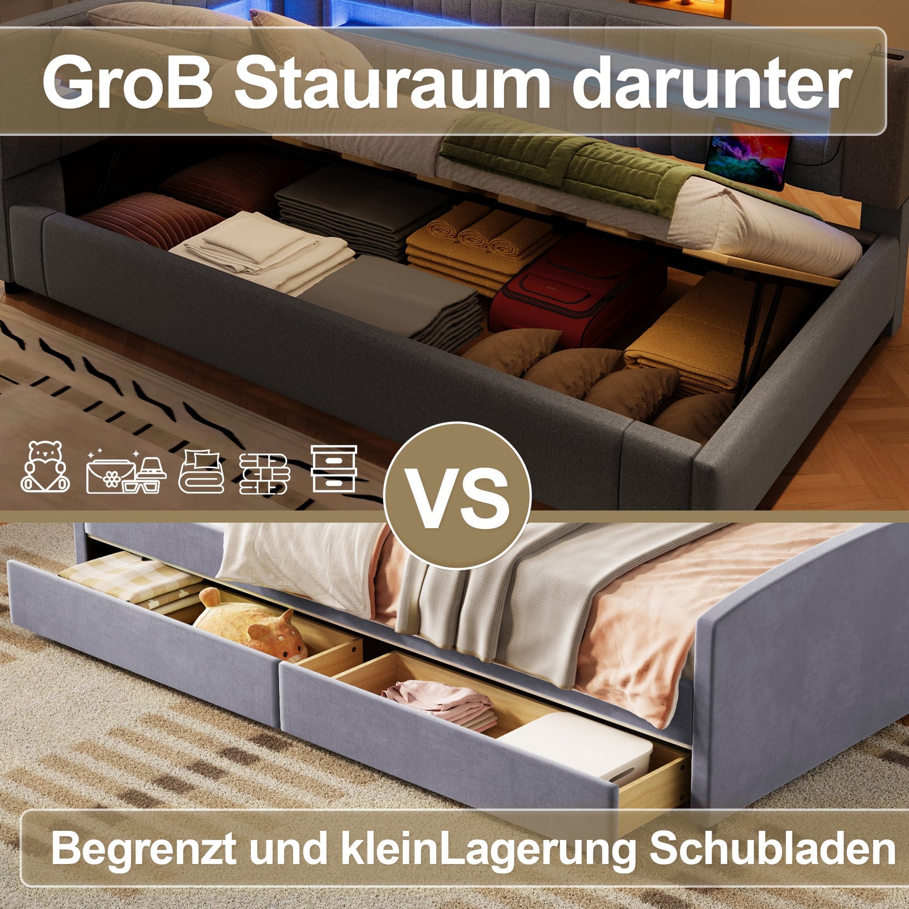 Daybed Sofa Bed with LED Lighting, Hydraulic Storage and USB Charging, Grey Linen