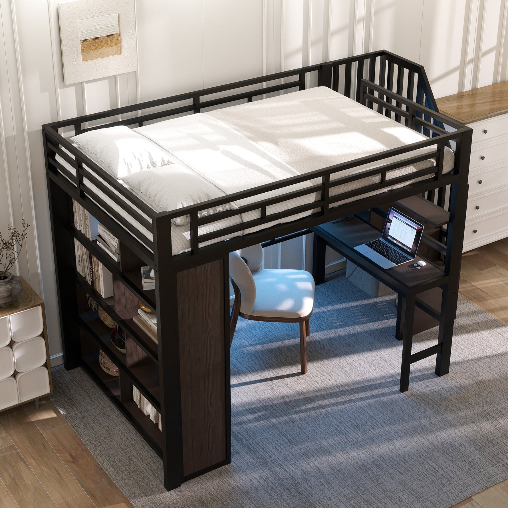 Loft Bed 140x200cm Iron Frame with Desk LED Light Strip Storage Stairs Black