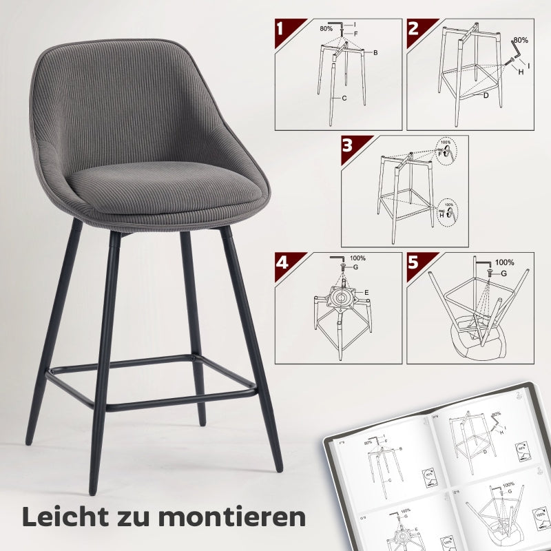 Set of 2 Bar Stools, Upholstered for Kitchen Island & Dining Room, Corduroy & Steel, Grey